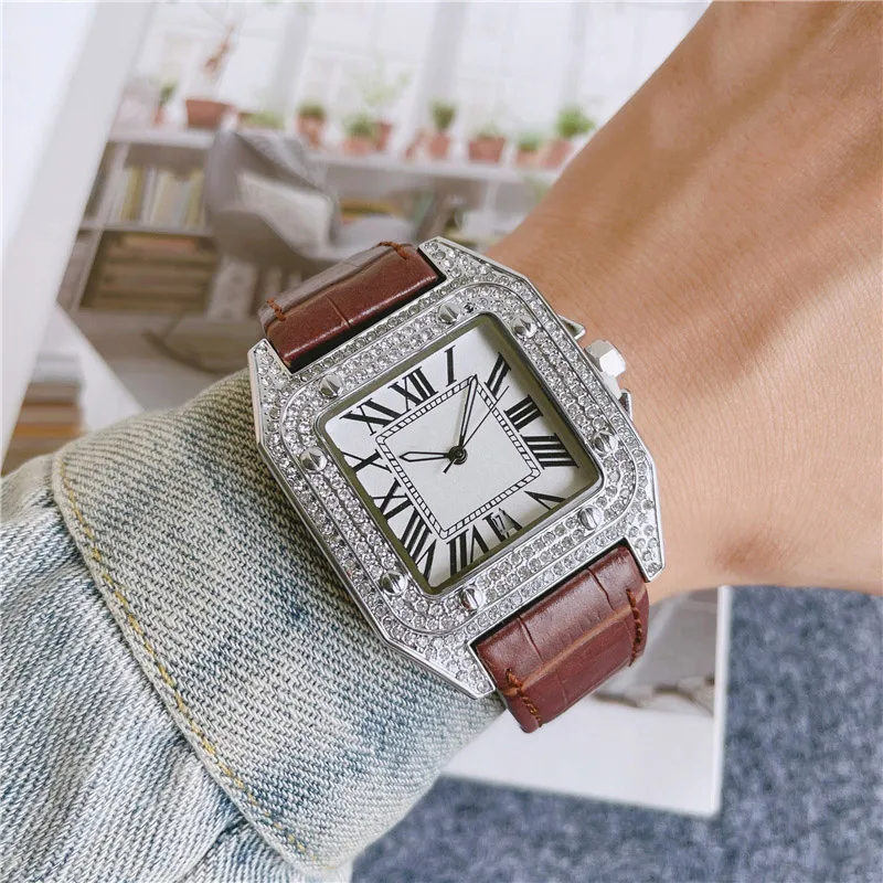 Fashion Brand Watches Men Square Crystal Style High Quality Leather Strap Wrist Watch CA56