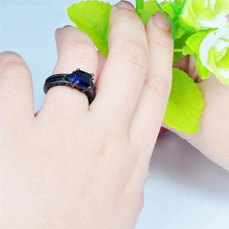 Anneaux de mariage Mode Carré Bleu Saphir CZ Pour Femmes Noir Plaqué Or Bague De Pierre De Naissance Bijoux Accessoire260s