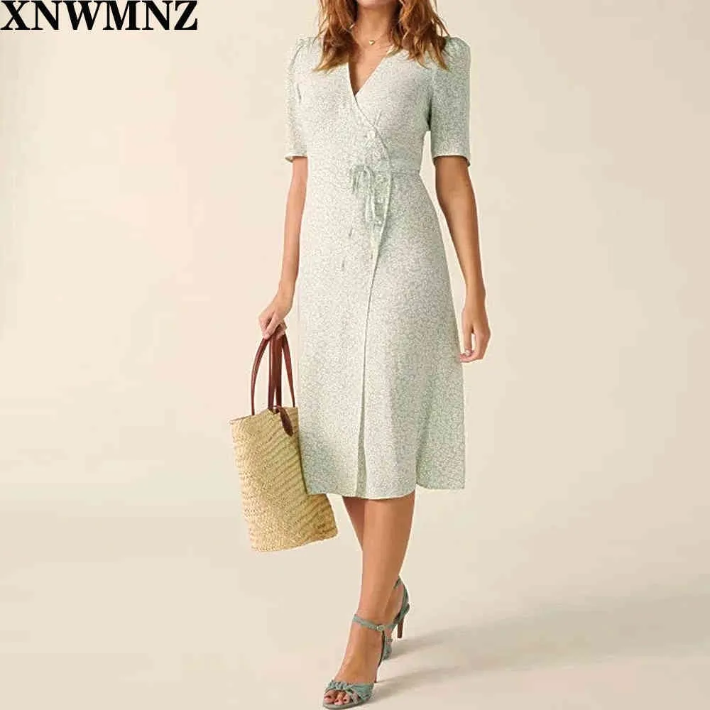 Francja Green Pastel Hydrang Drukuj Vestido Moda Mocowanie mocujące Przyciski Side Kobiety Midi Dress Vintage Gabin Wrap 210520