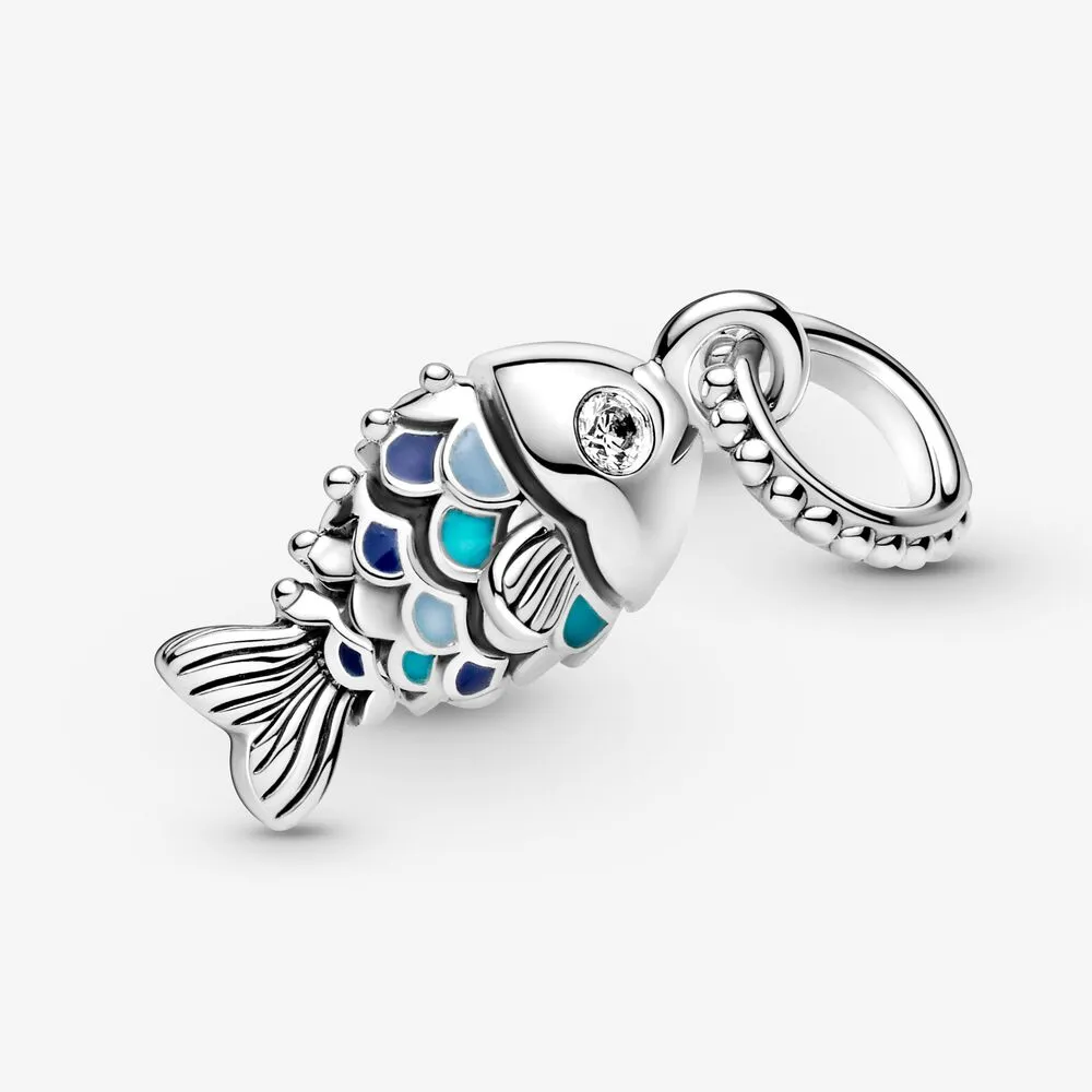 100% 925 Sterling Silver Sparkling Blue Scale Fish Dangle Charm Fit Original European Charms Bracelet Mode Mariage Egagement J274P