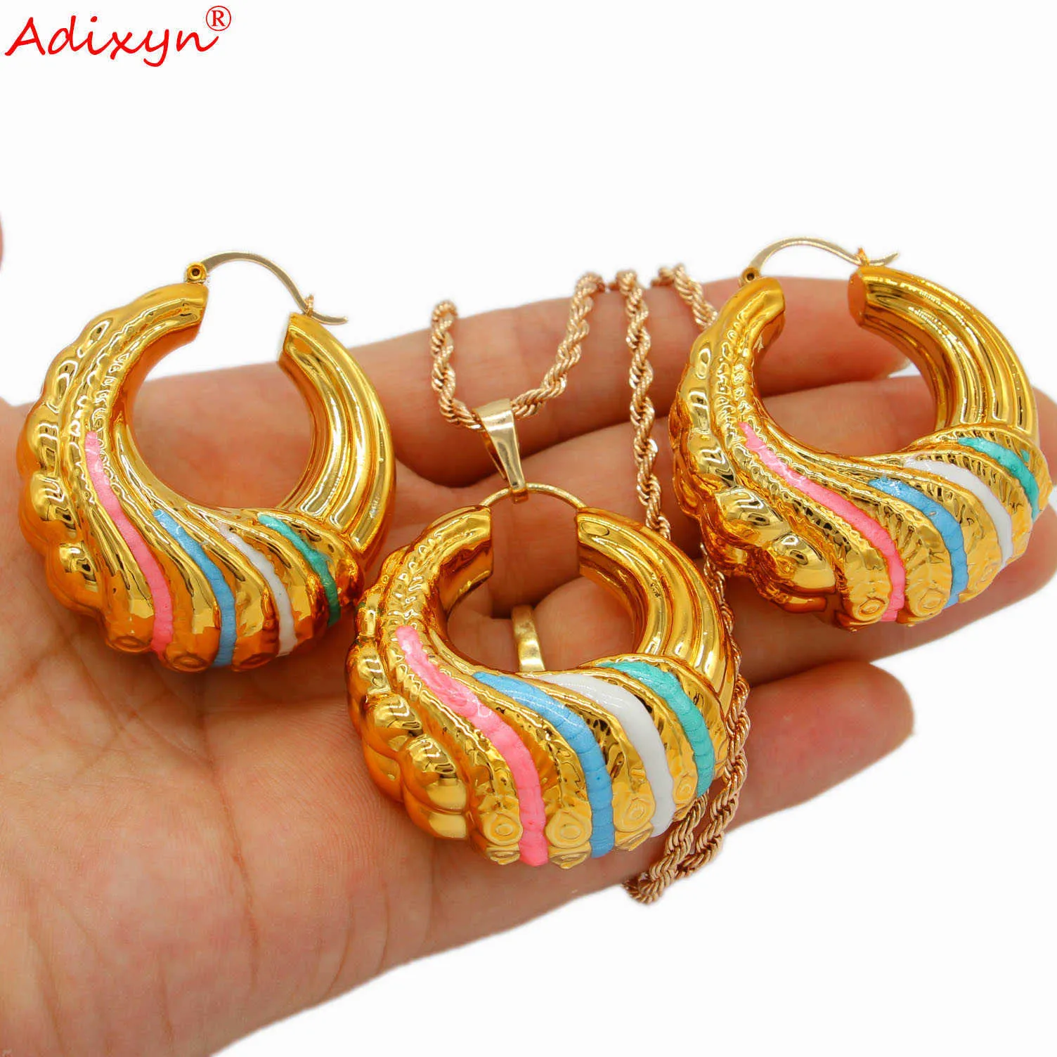 Adixyn 2021 Neue Mehrfarbige Anhänger Ohrringe Halskette Set Für frauen Gold Farbe Schmuck Afrikanische Israel Set Itmes N04222 H1022