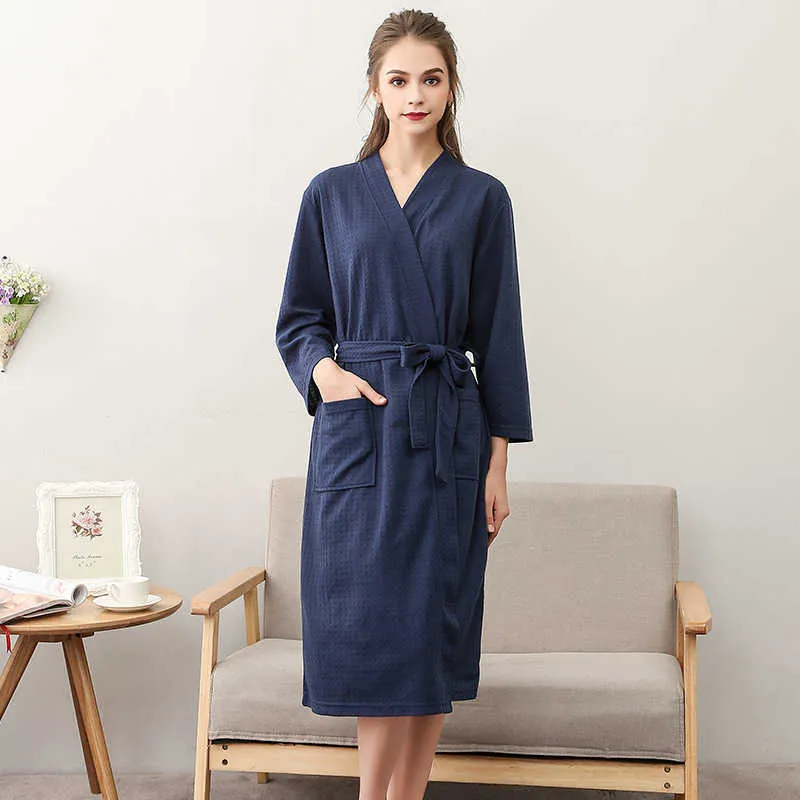 Summer Women Waffle Bathrobe Dress Gown With Belt Two Pockets Solid Robe Sets Comfortable Fabric Ladies Female Sleeping Gowns 210924