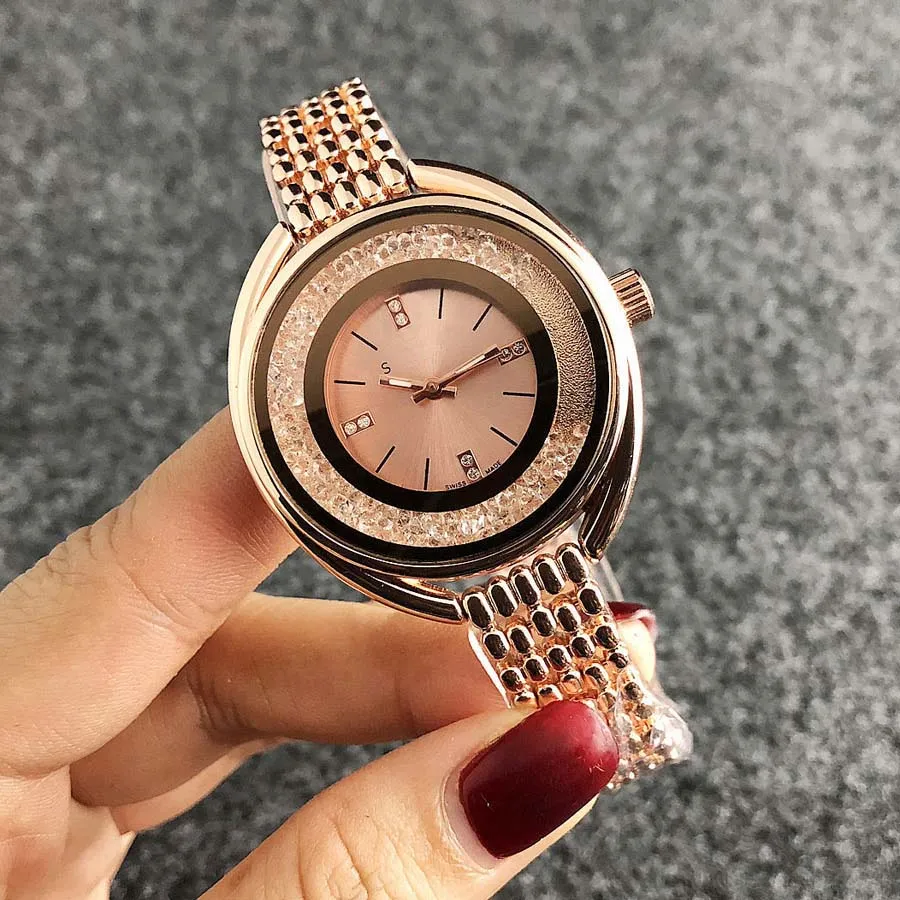 Moda swan tarzı marka kuvars bilek saatleri kadınlar için kristal kadranlı metal çelik bant saati SW033066