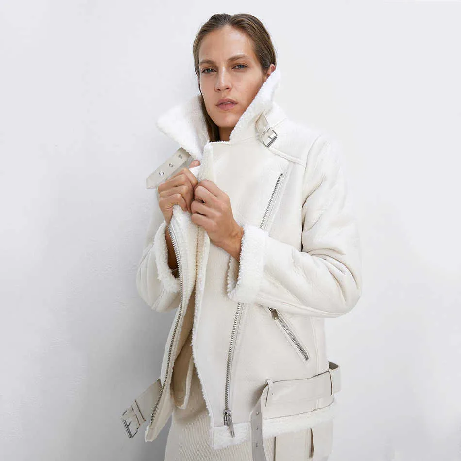 Grosso e quente jaqueta de couro falso casaco feminino bege cinto de mangas compridas mulheres inverno moda streetwear tops 211025
