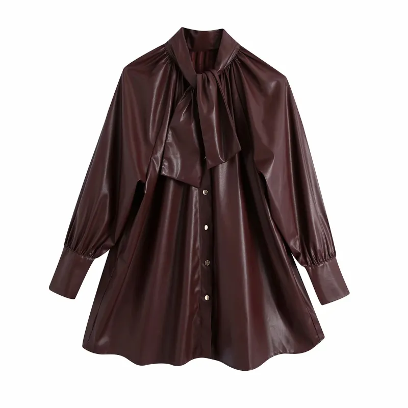 Camicetta in PU drappeggiata bordeaux allentata da donna vintage Camicia monopetto oversize da donna autunno moda Top casual femminile 210515