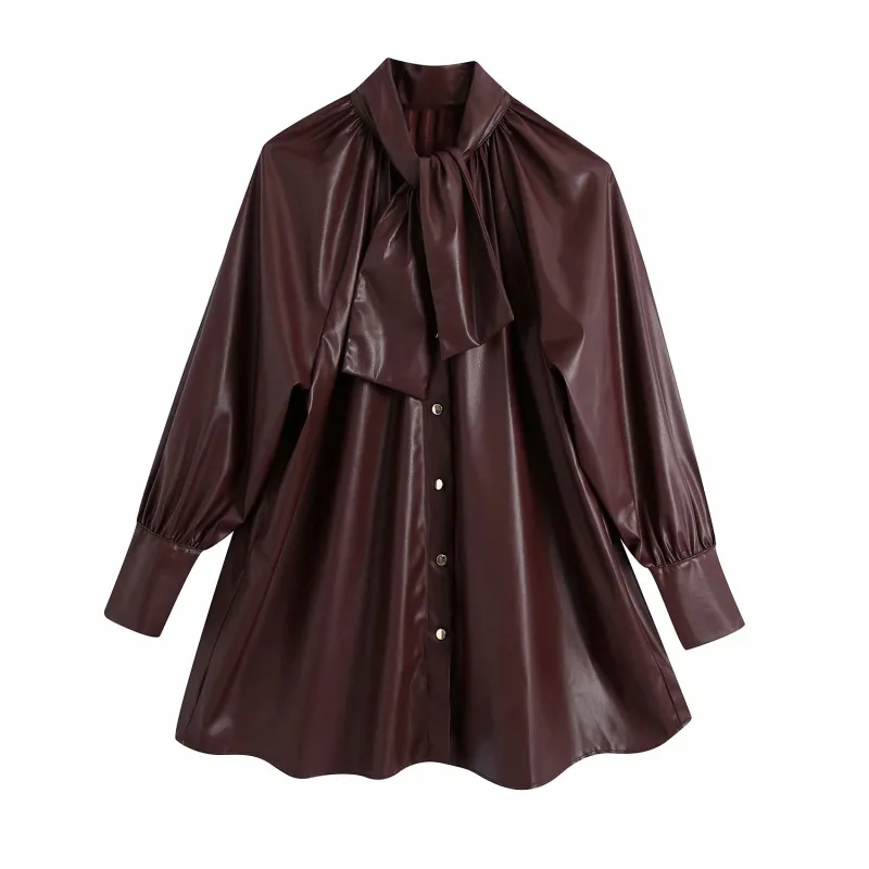 Vintage mujer suelta Borgoña drapeado PU blusa moda señoras otoño gran tamaño camisa de un solo pecho mujer Casual Top 210515