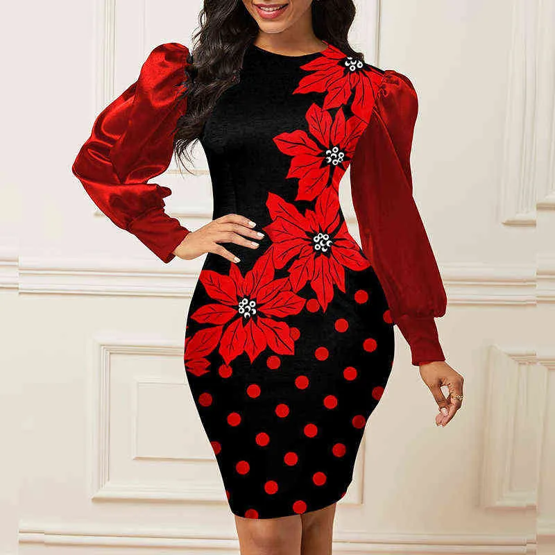Upadek Patchwork Jedwab Kiera Bodycon Sukienka Kobiety Rękaw Puff Rękaw Leopard Kwiat Drukuj Sukienka Dress Moda O-Neck Dress Dress Y1204
