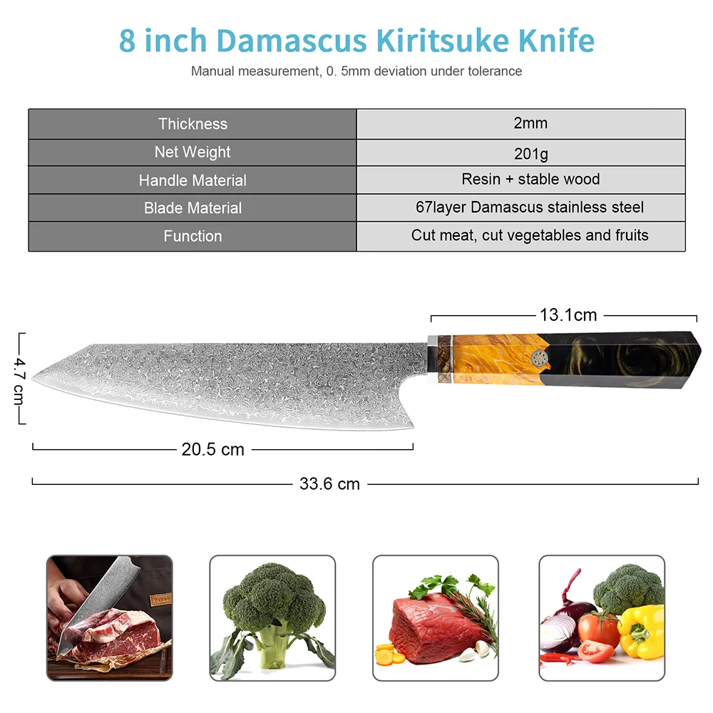 Xituo Chef Kiritsuke Knife VG10 Japanese Damascus rostfritt stål 67 lager Gyuto Kök Professionellt kött Skivande matlagningsverktyg