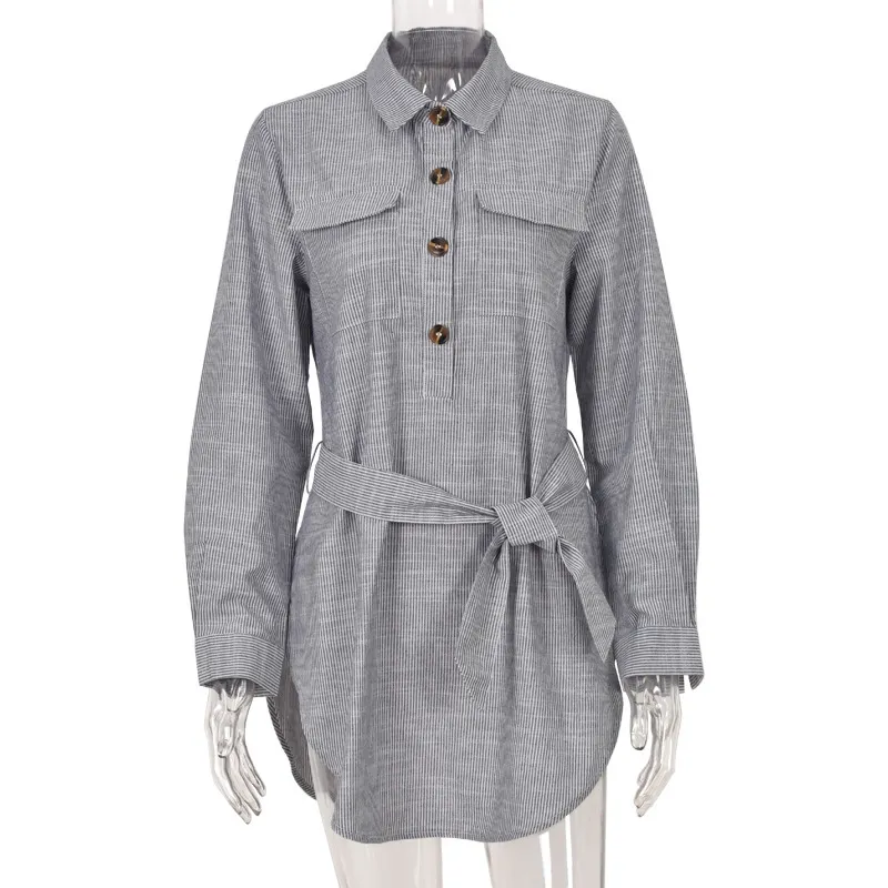 Vintage rayé robe chemise femmes automne hiver bureau dame élégante avec ceinture dames décontractées courtes 210427
