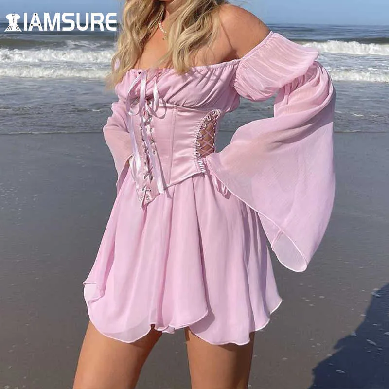 IAMSURE Beach Style Vintage Chiffon Dress With Corset Bandage Hollow Out Bustier Prairie Chic Flare Sleeve Dresses Set Y0603