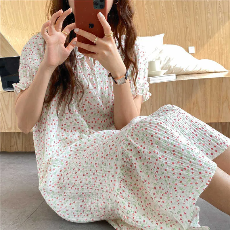 Prairie Style Homerwear Sweet Nightdress Pyjama's Printed Florals Los All Match Prom Zomer Korte Mouwen Jurk 210525