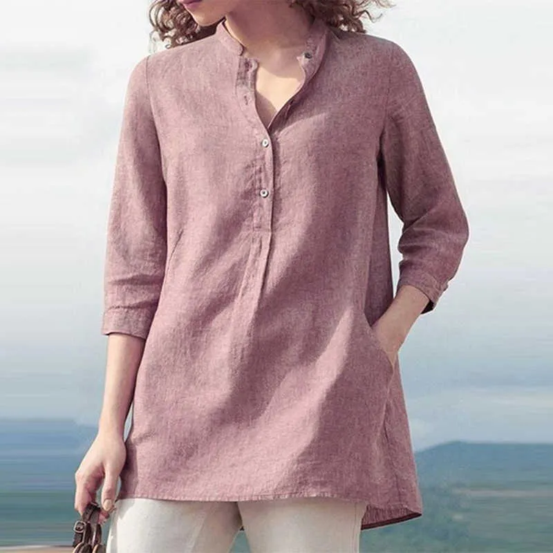 Womens Shirt Cotton Linen V Neck Blouse Solid Pocket Shirts Casual 3/4 Sleeve Autumn Loose Blouses Female Tunic Tops 210721