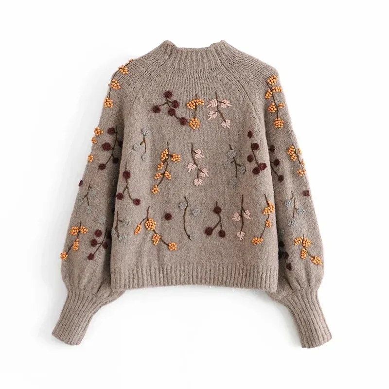 Femmes Pull Perles Crop Tricoté Femme Hiver Chaud Tunique Vintage Broderie Puff Manches Longues Pull 210519