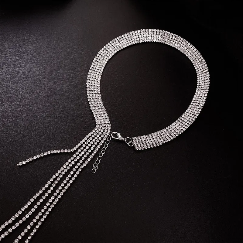 Shine Pełne Dżetów Choker Naszyjniki Dla Kobiet Długi Tassel Kryształ Naszyjnik Oświadczenie Biżuteria Prezenty