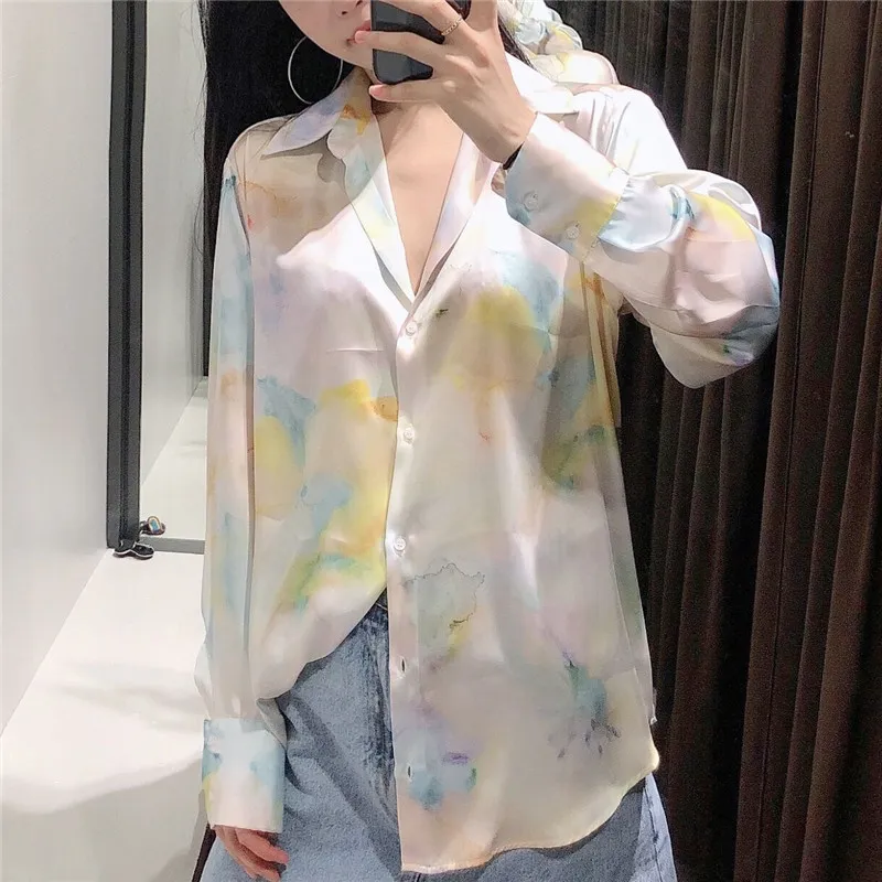 Women Tie-Dye Print Soft Blouses Vintage Long Sleeve Button-up Female Shirts Blusas Chic Tops 210430