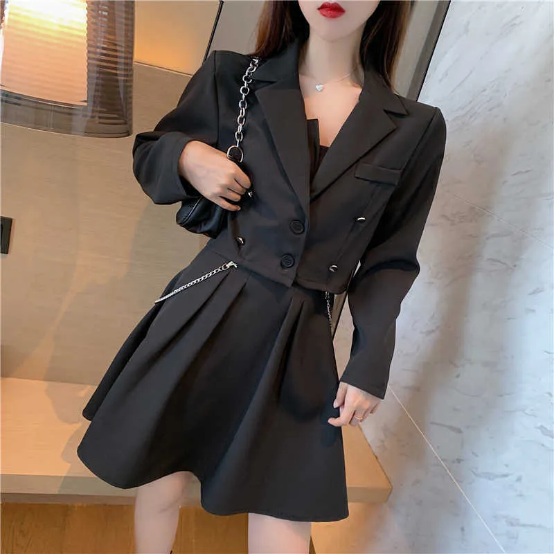 Wiosna Dwa kawałek Zestaw Kobietę Notched Vintage Krótki Blazer + Plisowana Mini Sukienka Koreańska damska Blazer garnitur stroje 210529