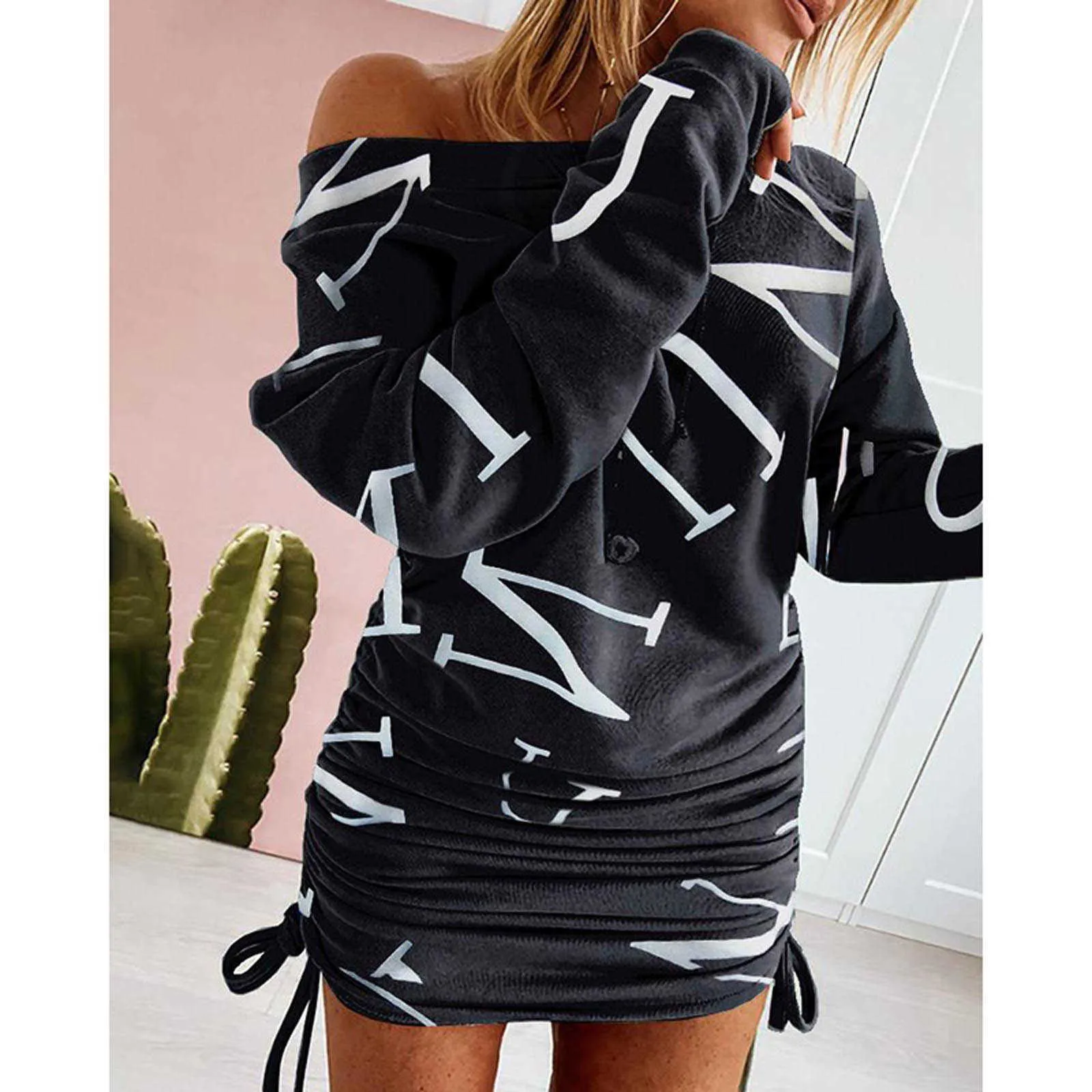 Woman Dress Fashion Sweater Dress Women Pullover Off Shoulder Print Drawstring Ruched Long Sleeve Dress Vestido De Mulher X07053766976