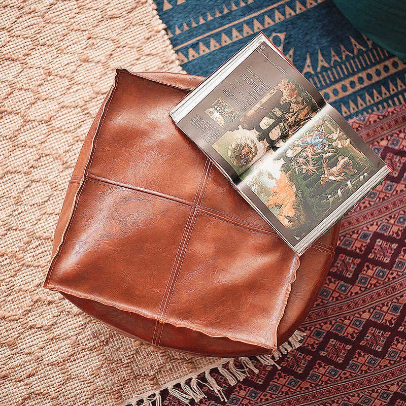Puf de cuero de PU marroquí Bordar artesanía Sofá simple Otomano Reposapiés Grande 45 cm Cojín sin relleno de cuero artificial 210611