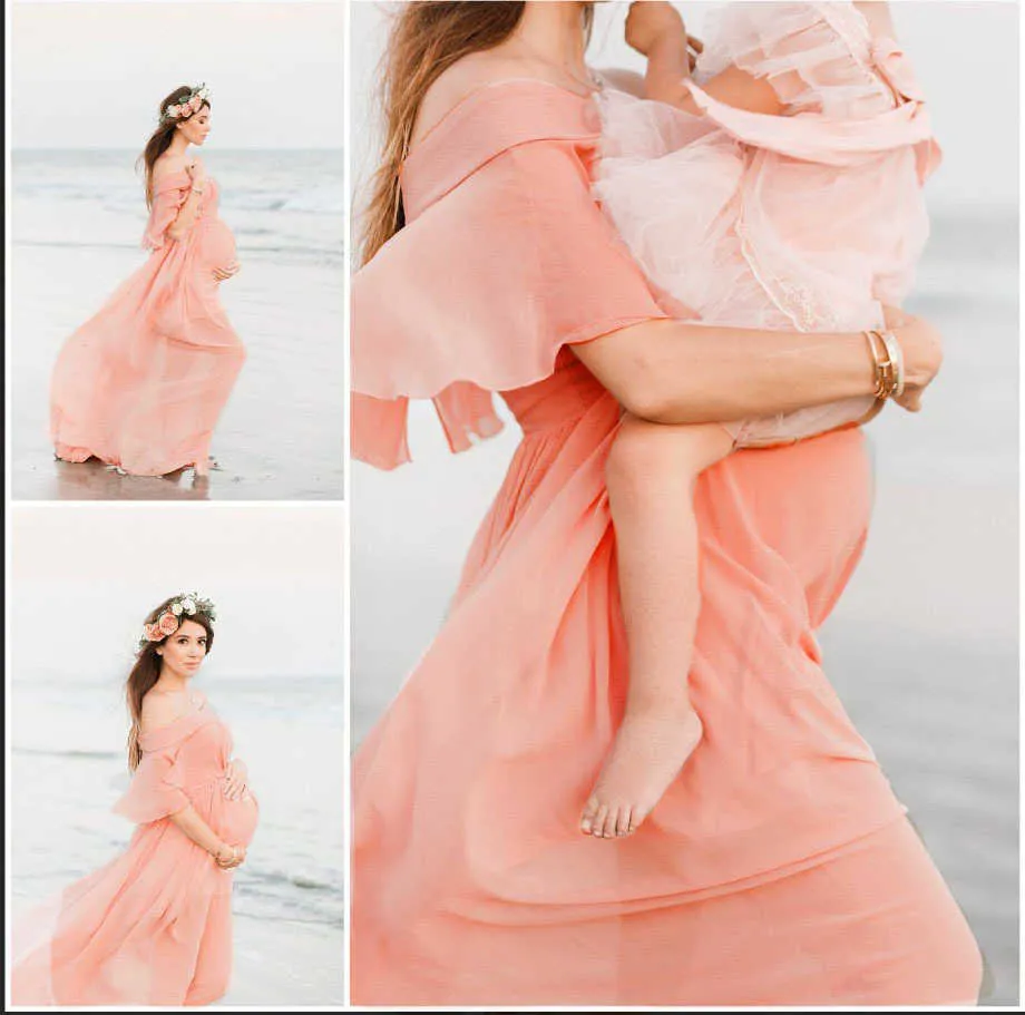 Robes de maternité femmes enceintes épaules dénudées en mousseline de soie longues robes de plage de mariage fantaisie photos de grossesse accessoires de tir