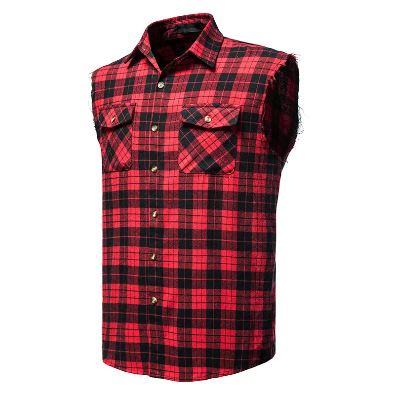 赤い格子縞のシャツ男性夏のブランドカジュアルなノースリーブメンズシャツ二重カウボーイポケットカミサス通気性の特大ベスト210524