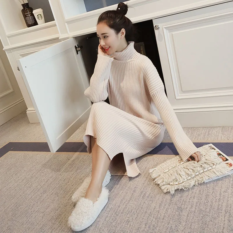 Korean Sweater Dress Women Knitted Sweaters Dresses Women Over knee Sweater Dress Plus Size Split Turtleneck Sweaters Dresses OL 210322