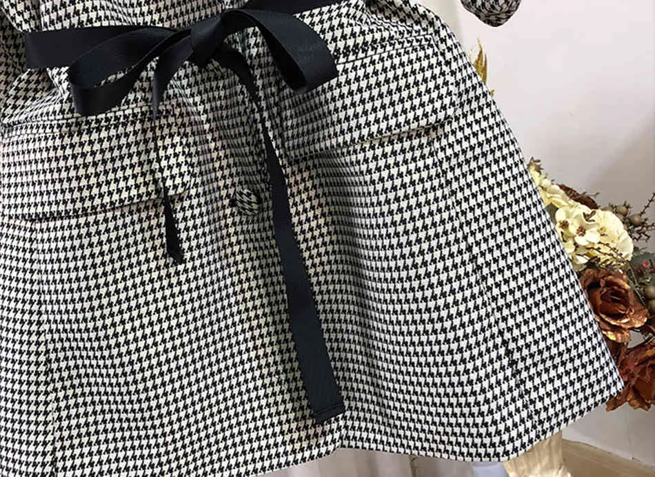 Gratuit Haute Qualité Femmes Houndstooth Blazer Robe Élégante Revers Puff Manches Simple Boutonnage À Lacets Robes 210524