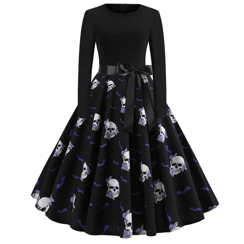 Halloween Moda Design Dresses Drukowane Długą Rękaw Dress Sukienka z pasem