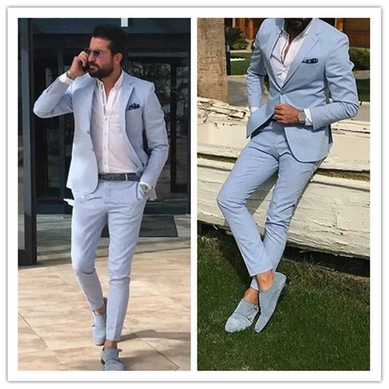 Light Sky Blue Slim Fit Mens Prom Suits Notched Lapel Groomsmen Beach Wedding Tuxedos For Men Blazers Jacket+Pant X0909