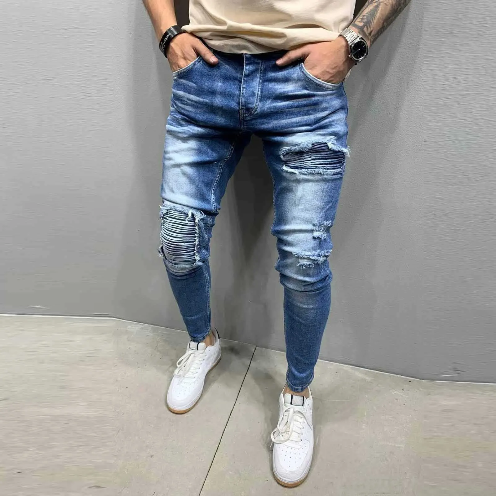 Homens Stretchy Rasgado Motociclista Skinny Blue Denim Jeans Destruído Hole Taped Slim Fit Denim Riscado Alta Qualidade Jean # G30 X0621