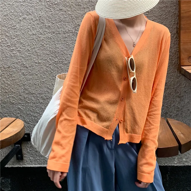 Streetwear All Match Summer Sunscreen Thin V-Neck Cardigans Loose Fashion Chic Solid Women Sweater Tops 210525