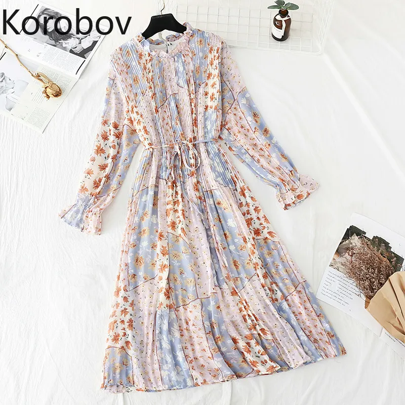 Korobov coréen chic fleur imprimé mousseline de soie femmes robe vintage col rond manches évasées a-ligne robes plage style boho robe femme 210430
