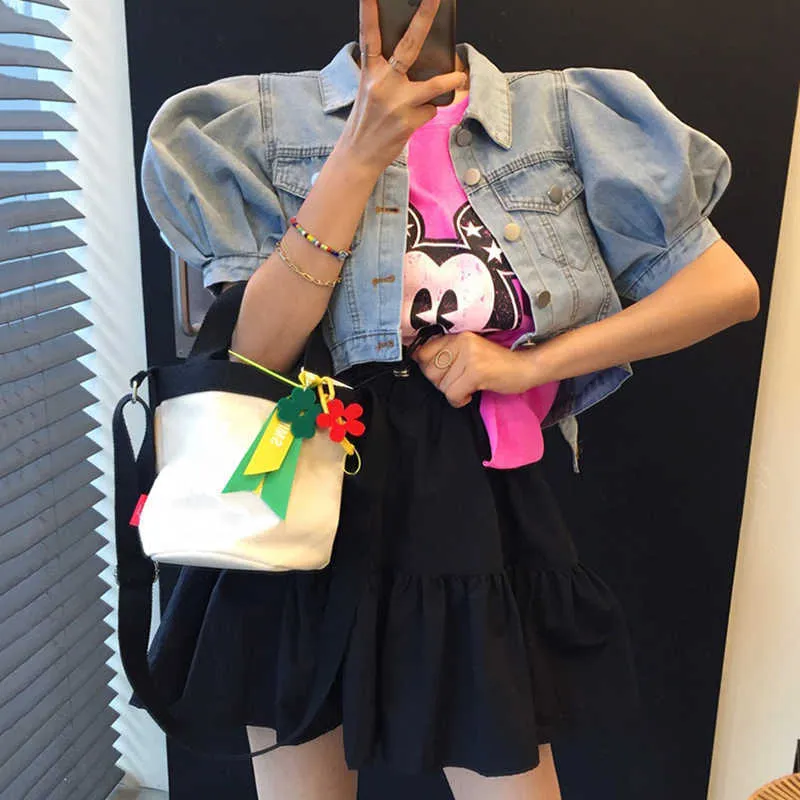 Korejpaa Women Sets Summer Korean Chic Ladies Retro Loose Short Puff Sleeve Denim Jacket High Waist Drawstring A-line Skirt 210526