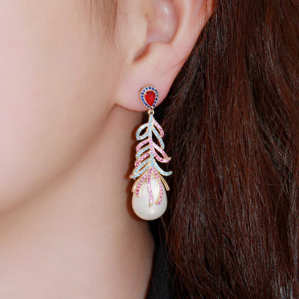 Design elegante Multicolor Cubic Zirconia ciondola lungo orecchini pendenti di perle le donne gioielli color oro partito CZ876 210714