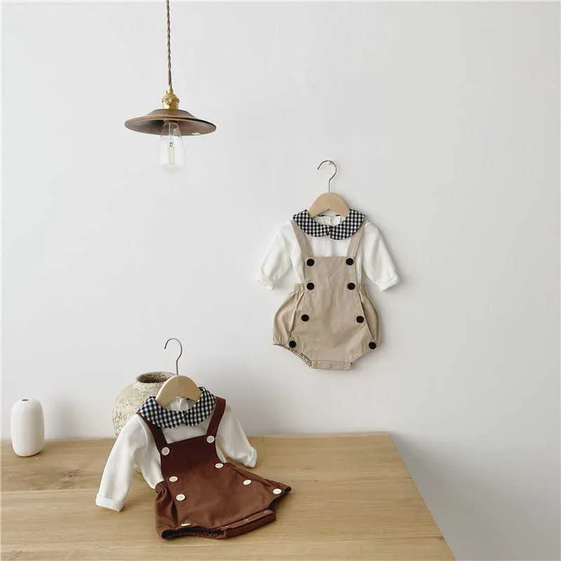 Wholesale Spring Korean Style Baby Girl 2-pcs Sets Peter Pan Collar T-Shirt + Overalls Bodysuit Kids Clothes E5026 210610