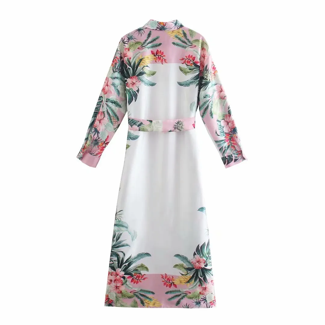 Kleid Weiß Tropical Print Hemd es Frauen Sommer Button Up Midi Frau Langarm Vintage Kragen Vestidos 210430