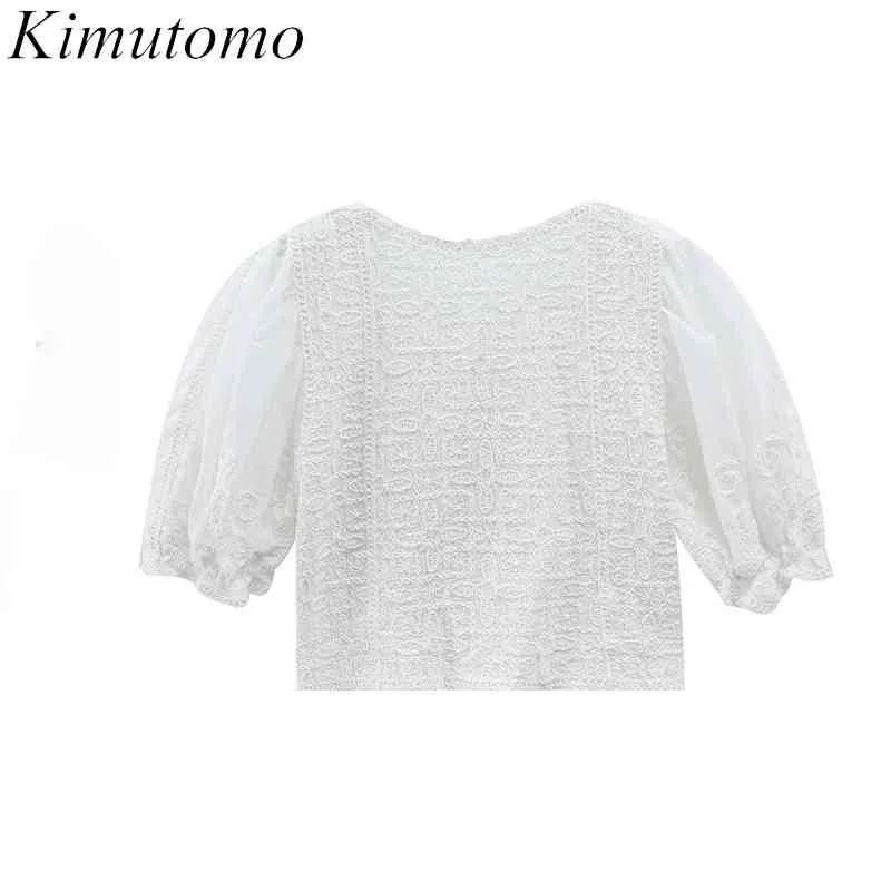 Kimutomo Branco Bordado Bordado Bordado Mulheres Collar Curta Manga Curta Camisa Verão Feminino Breasted Slent Top Elegant 210521