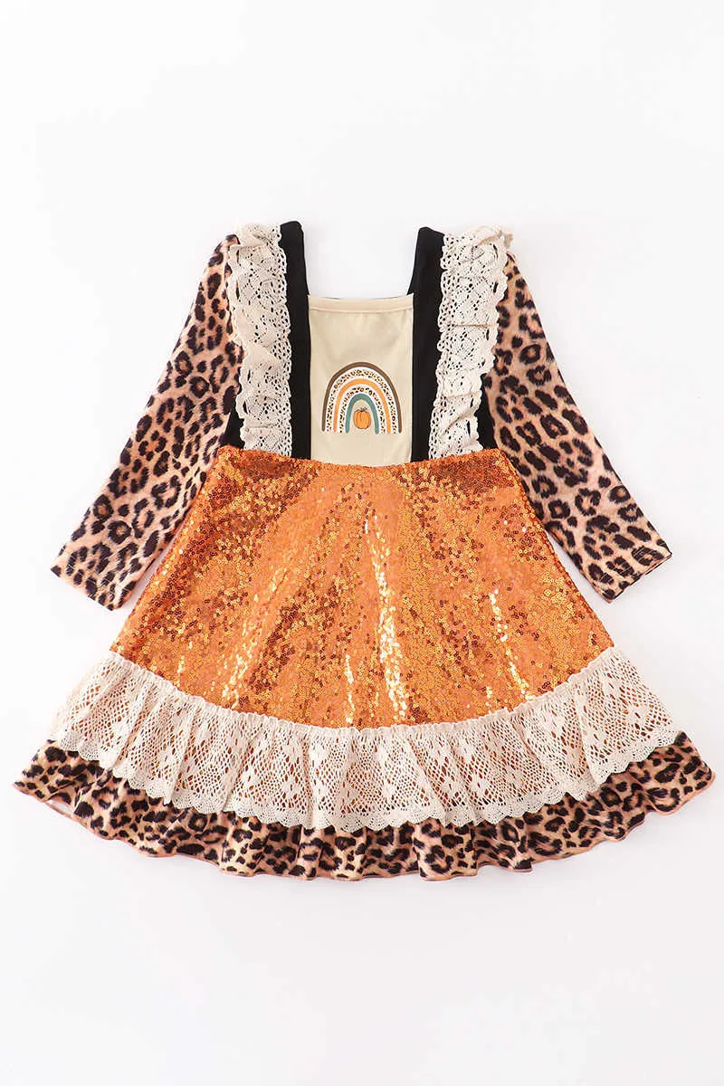 Girlymax Bébé Filles Chlidren Vêtements Paillettes Léopard Dentelle Arc-En-Citrouille Robe À Manches Longues Volants Longueur Au Genou Vêtements Pour Enfants Q0716