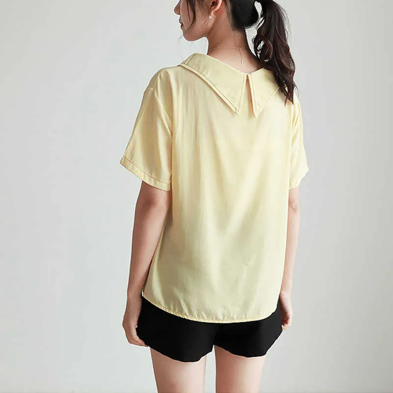 PERHAPS U White Yellow Turn Down Collar Short Sleeve Shirt Chiffon Solid Summer Women Button B0634 210529