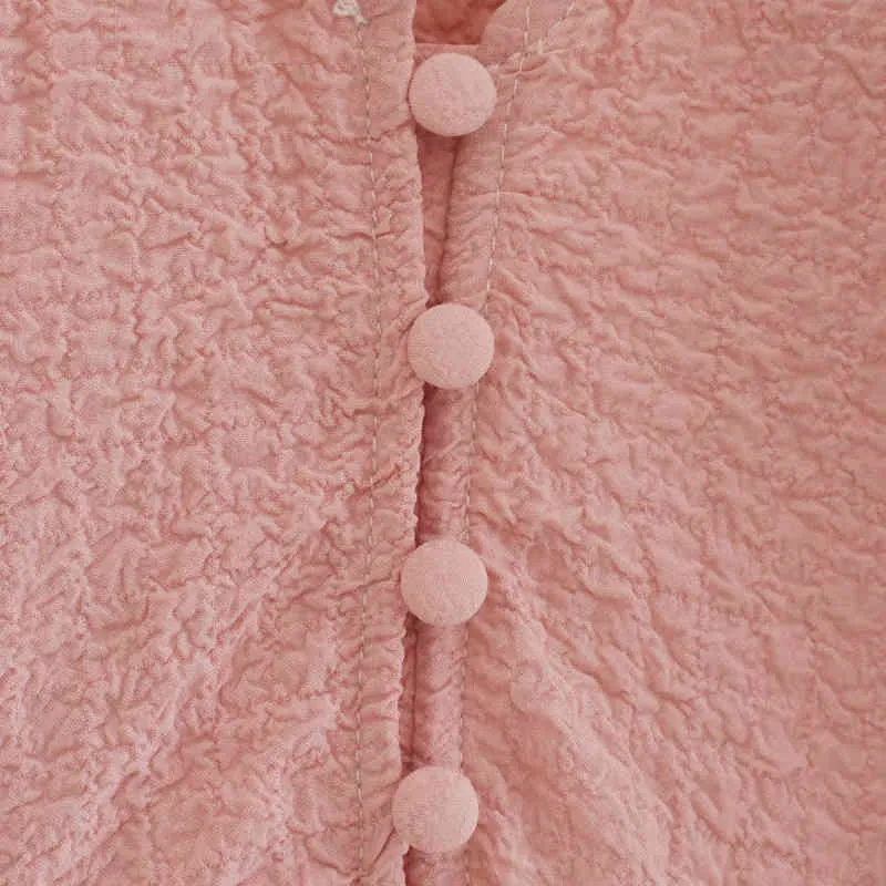 Yaz Kadın Katı Pileli Elbise Kısa Kollu 100% Pamuk V Yaka Düğmeler Eklenmiş ES Kadın Ruffles Zarif Bez 210513