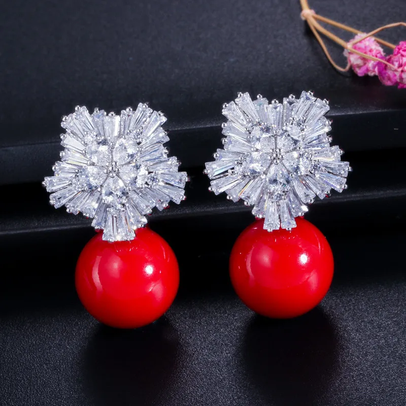 Snowflake Imitation Pearl Luxury Bride Charm Designer Earrings Jewelry White Grey Red Pearl AAA Cubic Zirconia Copper Silver Earri326O
