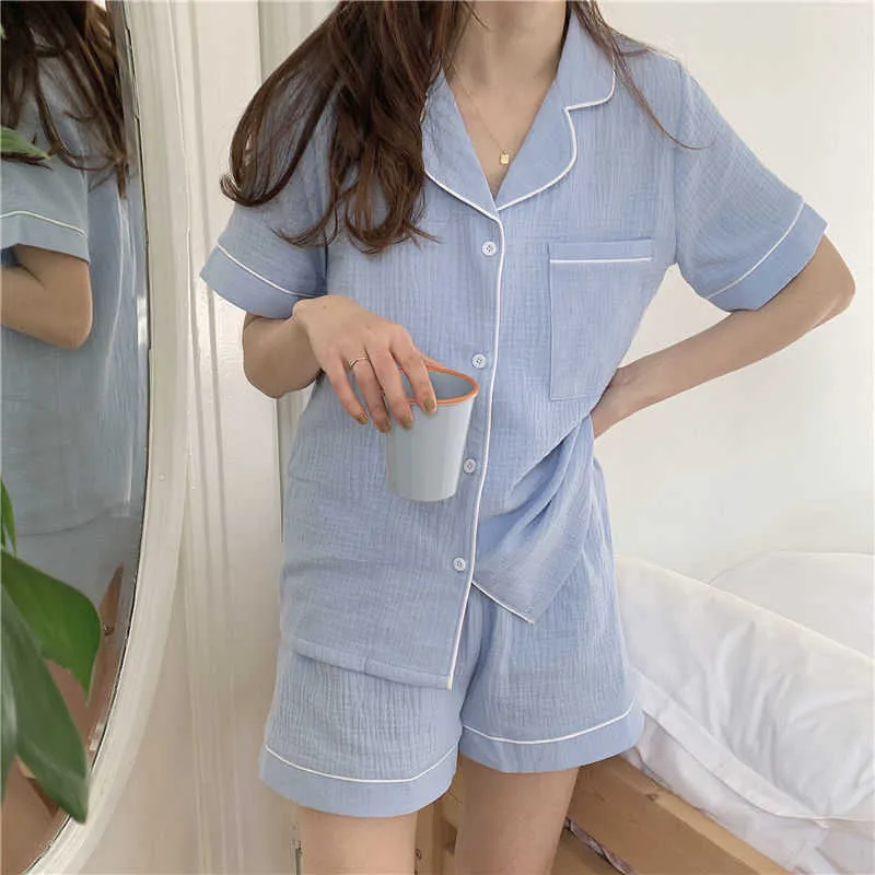 QWEEK bawełniana pijama koreański sestwear lato piżama krótki rękaw garnitury ładny piżama słodki 2-częściowy zestaw stały loungewear 210809