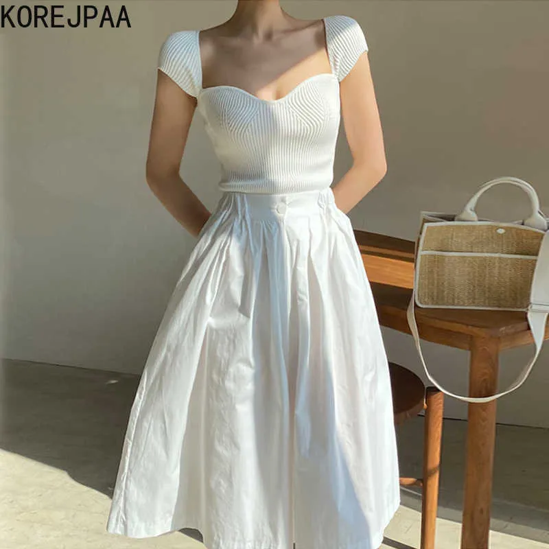 Korejpaa Women Dress Sets Korea Chic Elegant Sexy Slim Knit Sweater and High Waist and Long Skirt Trouser White Skirt Suit 210526