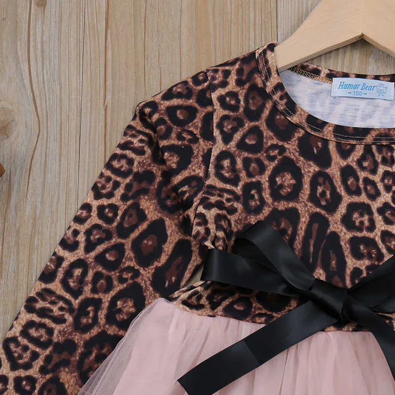 Flickor Klä Långärmad Mesh Leopard Bow Princess Fashion Toddler Baby Barn Barnkläder 210611