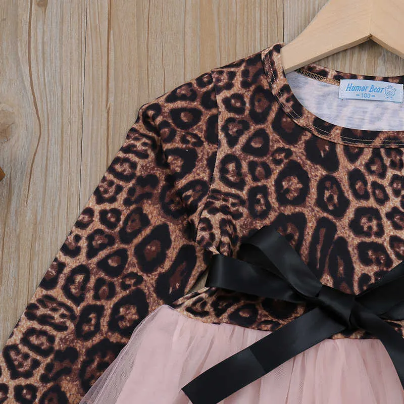 Flickor Klänning Vår Höst Långärmad Leopard Bow Mesh Patchwork Princess Toddler Barnkläder för 2-6Y 210528