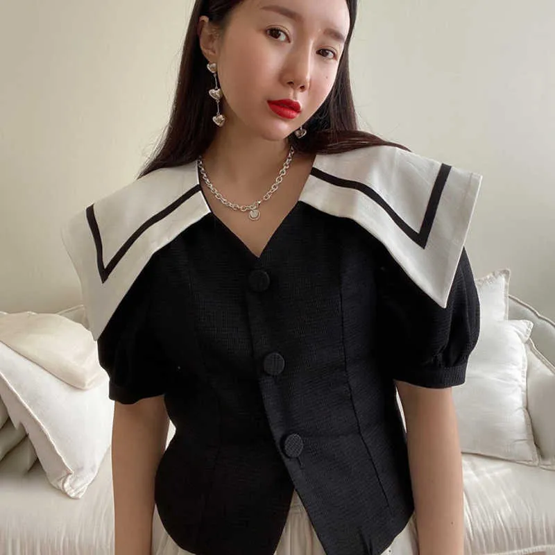 Korejpaa Dames Shirt Zomer Koreaanse Chic Retro Navy Collar Trim Contrast Kleur Drie Knop Slanke korte Puff Sheeve Blouses 210526