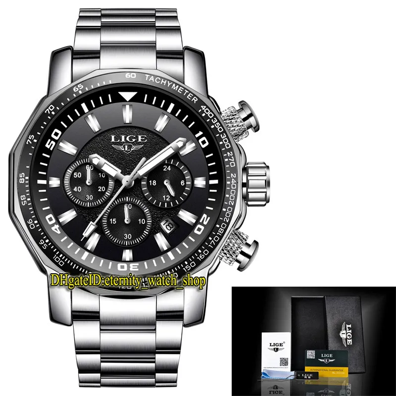 LIGE eternity LG9871 Sport Mens Watches Date Black Dial Silvery pointer Japan VK Quartz Chronograph Movement Men Watch Steel Case Stainless Bracelet