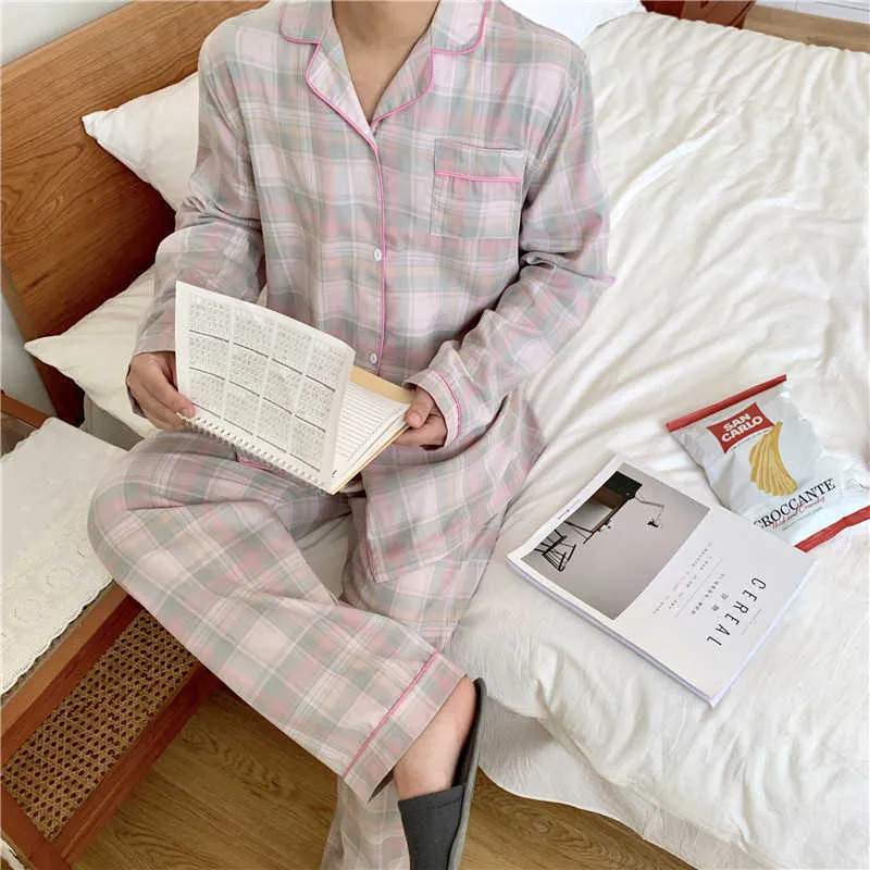 Nightwear Gentle Plaid Två Pieace Suit Cotton Homewear Soft Casual Loose Fashion Långärmad Pyjamas Set 210525