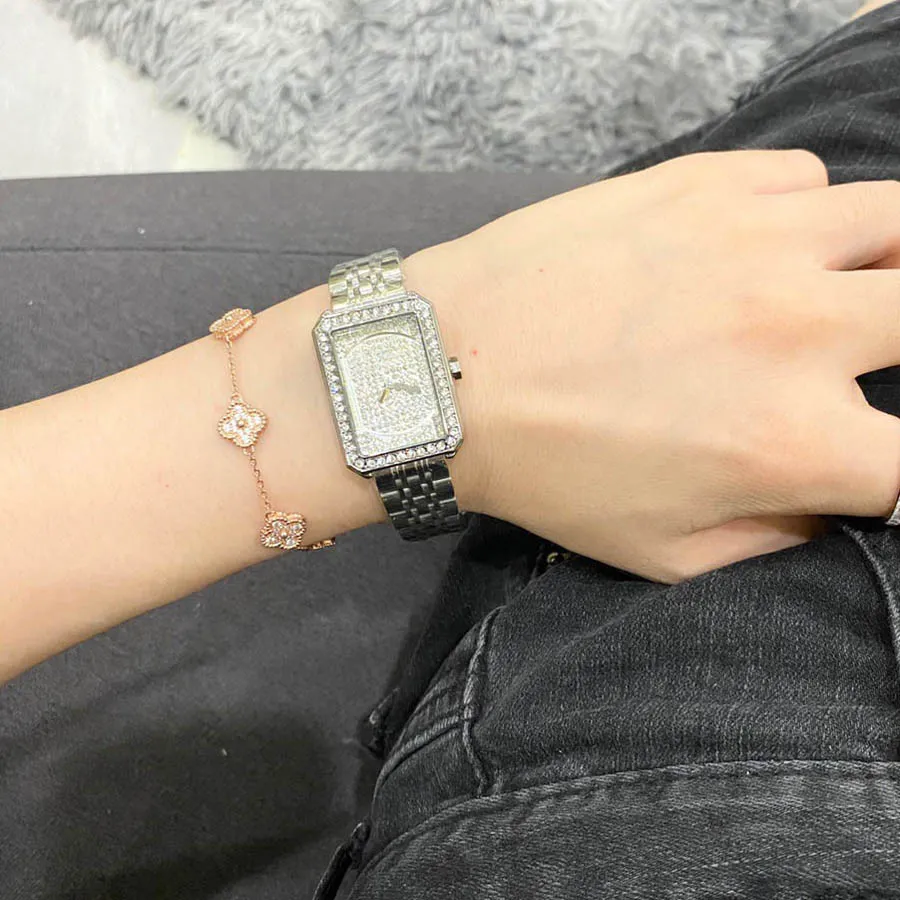 Marca relógio feminino menina cristal retângulo estilo metal banda de aço quartzo relógios de pulso de boa qualidade ch44217t