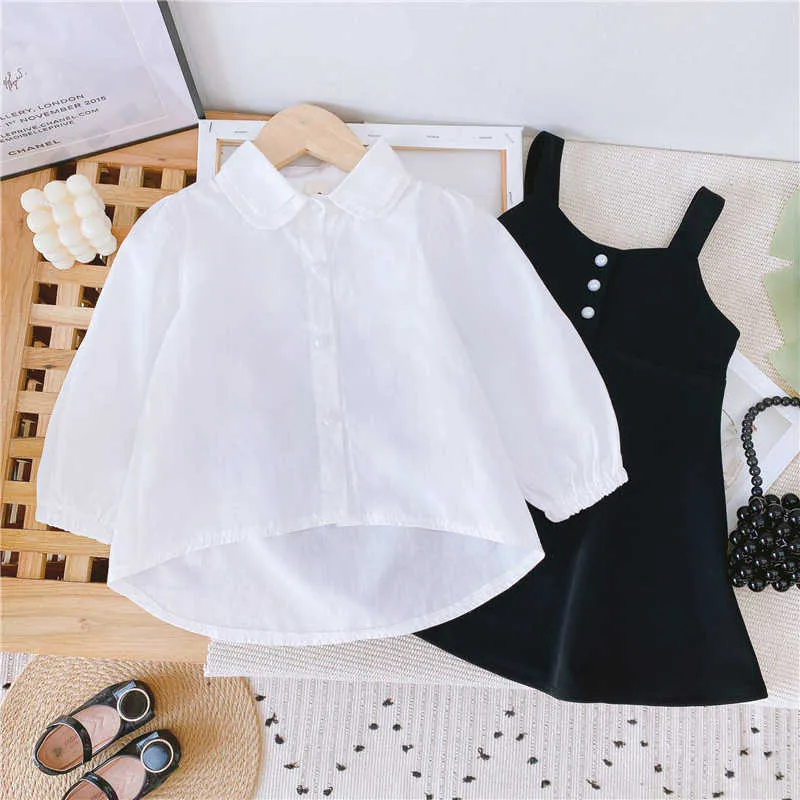 Girls' Autumn Clothes Set Puff Sleeve Doll Collar Long-Sleeved Shirt + Strap Dress Toddler 210528