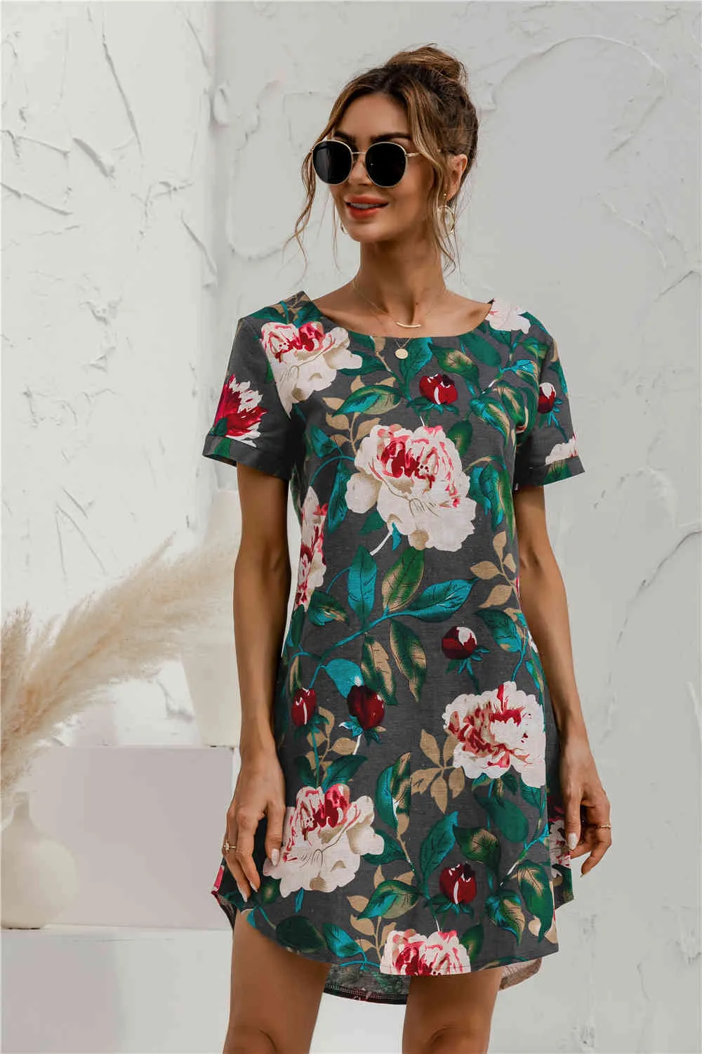 Lato z krótkim rękawem o szyi bawełna i lniana kwiat drukująca sukienka A-line vintage mini sukienka dla damska sukienka vestido de mujer 210514